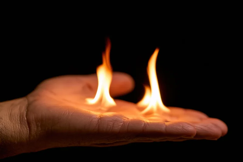 Hand holding two flames in open palm against black background