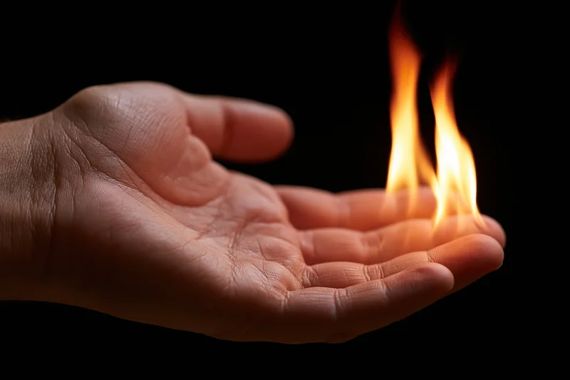 Hand holding flames in open palm against black background