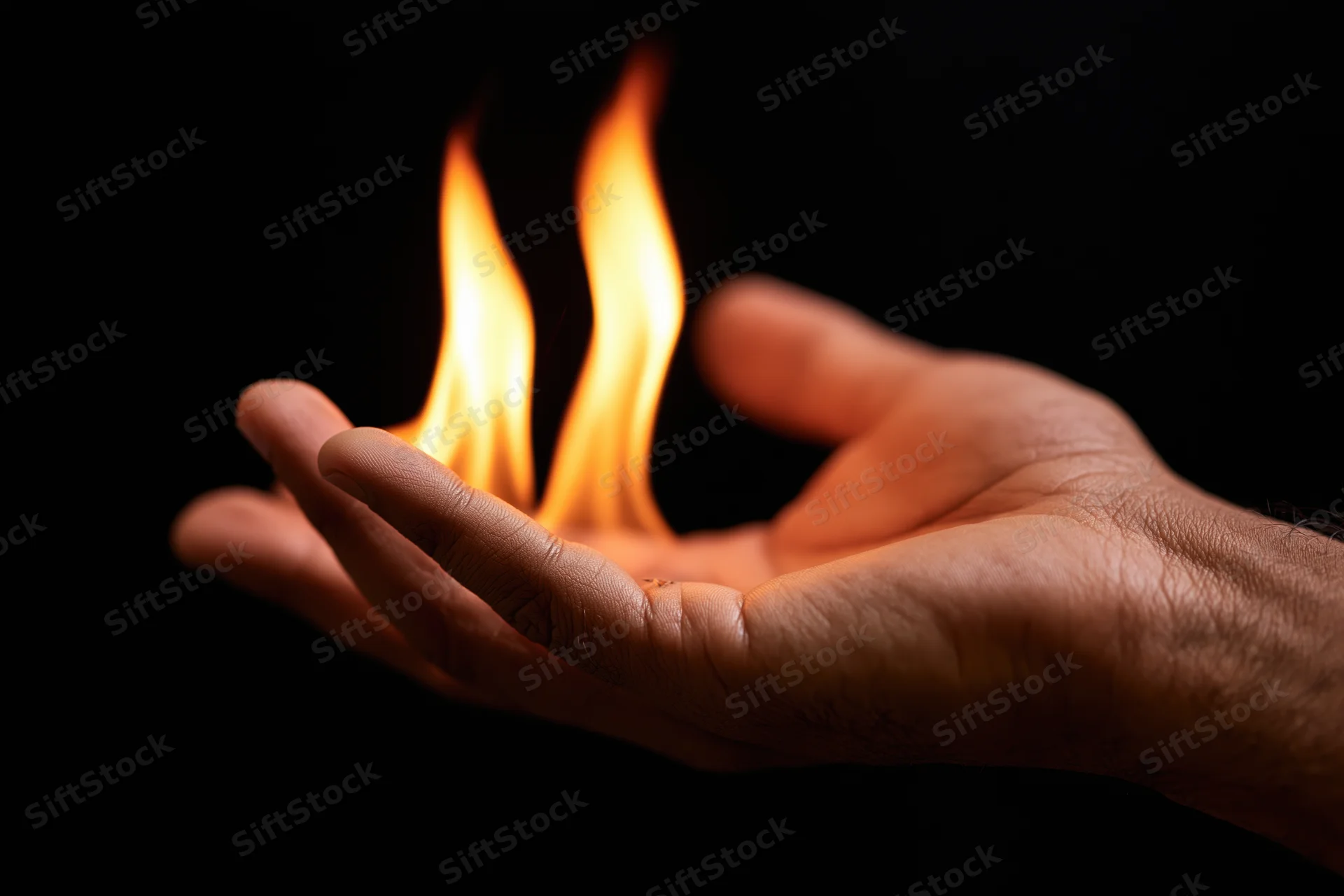 Open hand holding two tall flames against black background