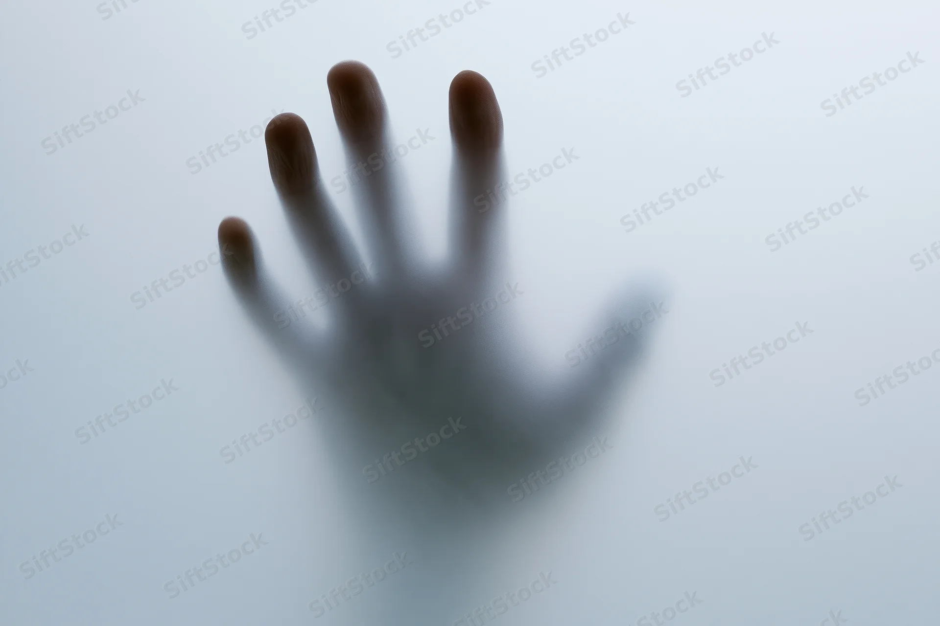 Hand pressing against frosted translucent glass, fingers spread, shadow visible through surface