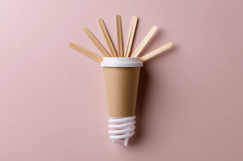 Coffee cup arranged as lightbulb with wooden sticks and spiral base on pink background