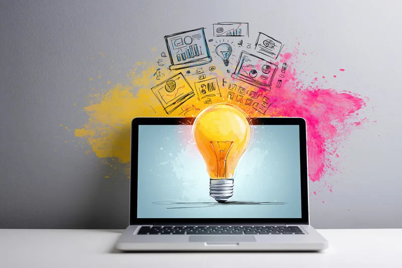Laptop displaying a glowing lightbulb with illustrated ideas bursting from the screen on a desk