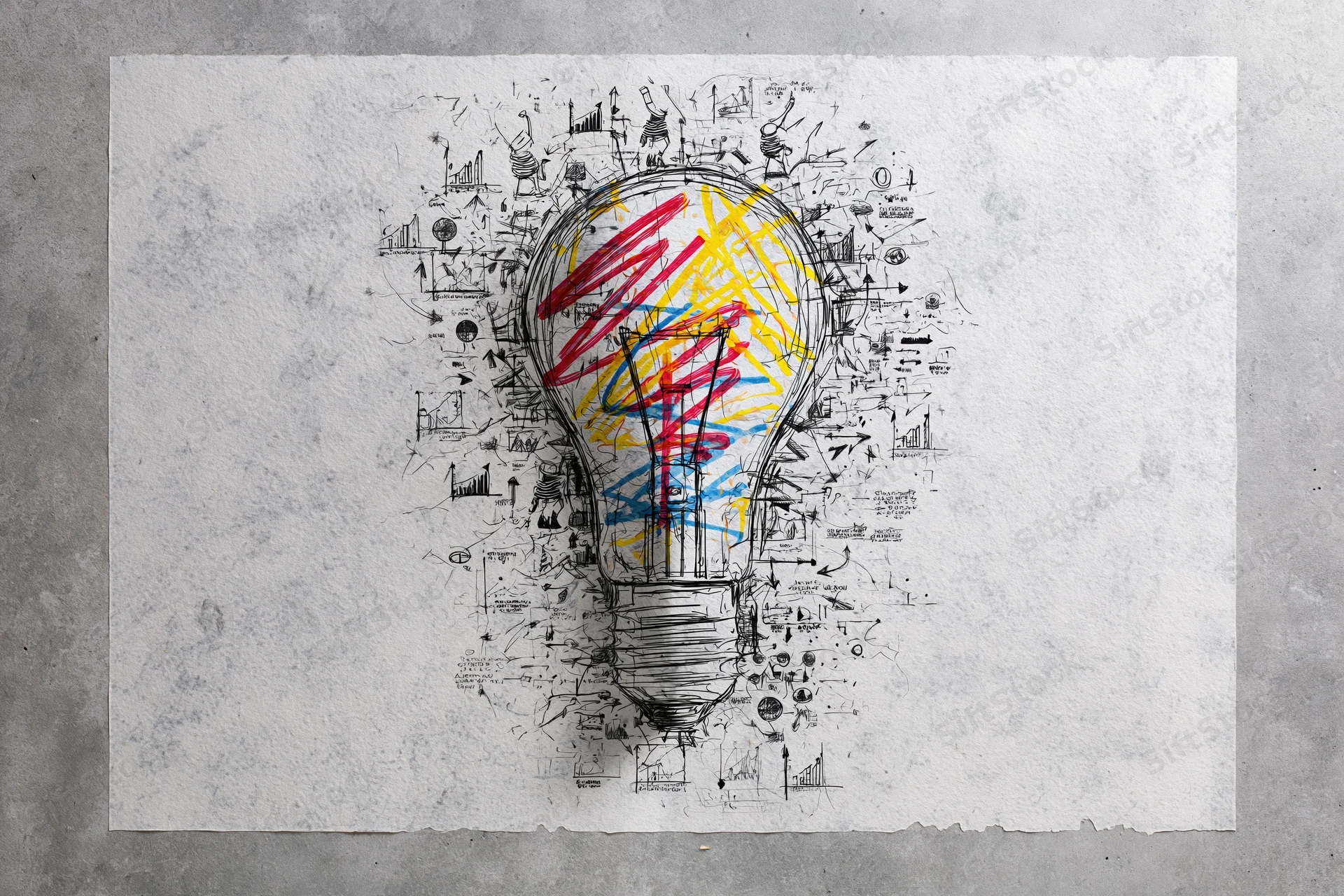 Hand-drawn lightbulb sketch filled with colorful lines and diagrams on textured paper