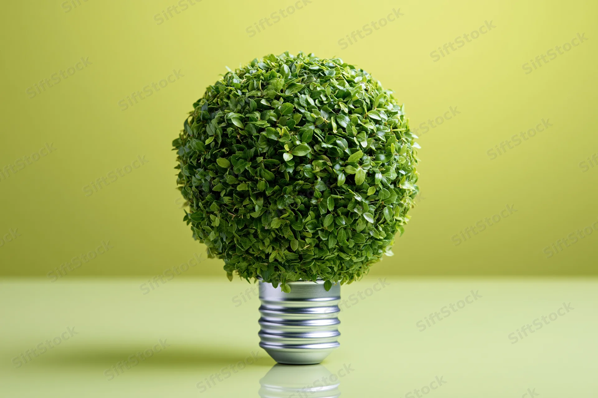 Spherical green plant shaped like a lightbulb on a silver base against a lime background