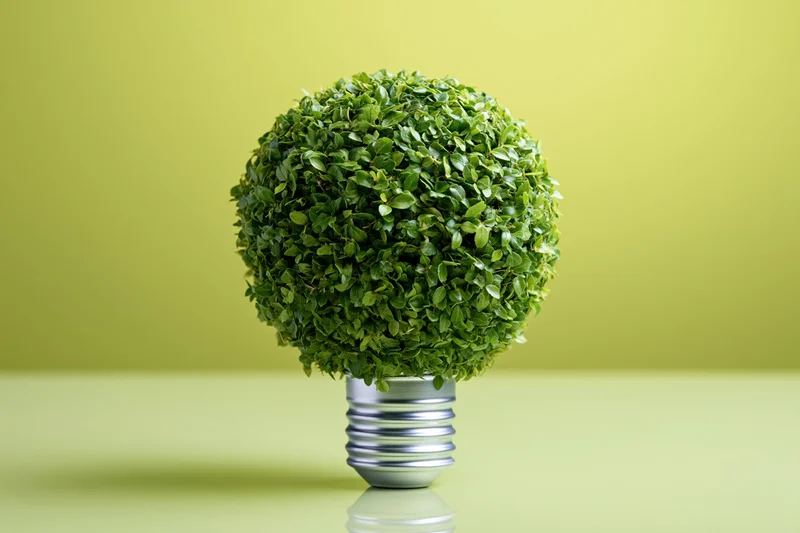 Spherical green plant shaped like a lightbulb on a silver base against a lime background