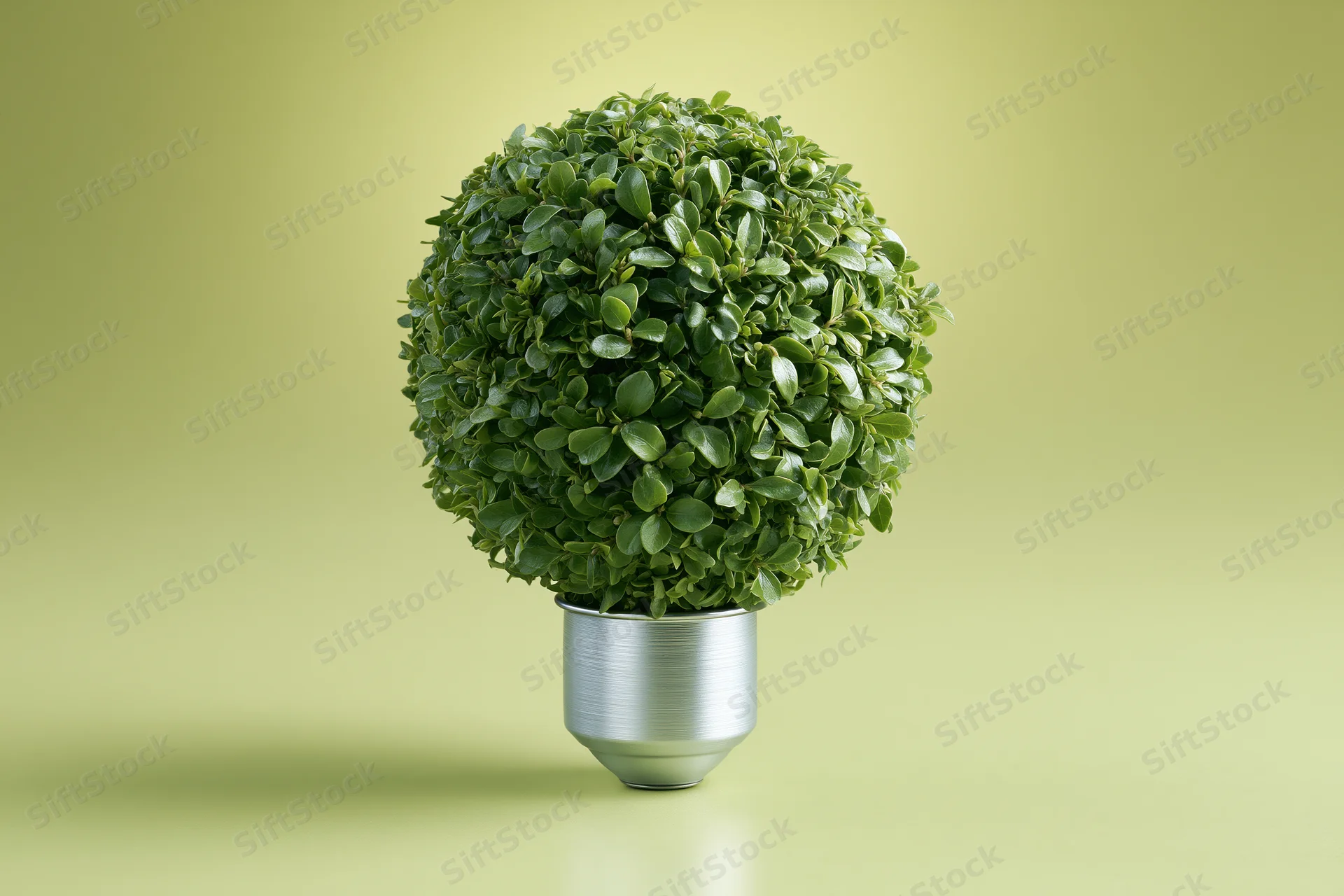 Spherical green plant growing from a silver lightbulb base on a pale green surface