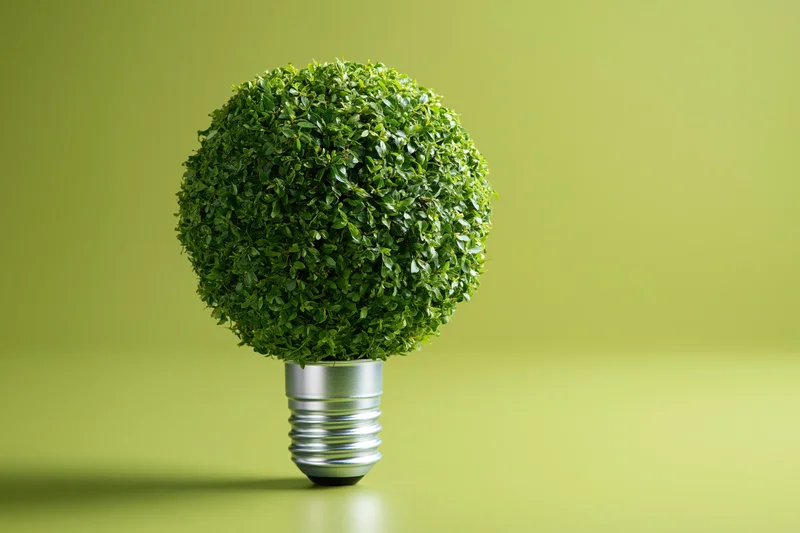 Spherical green plant shaped like a lightbulb on a silver base against a green background