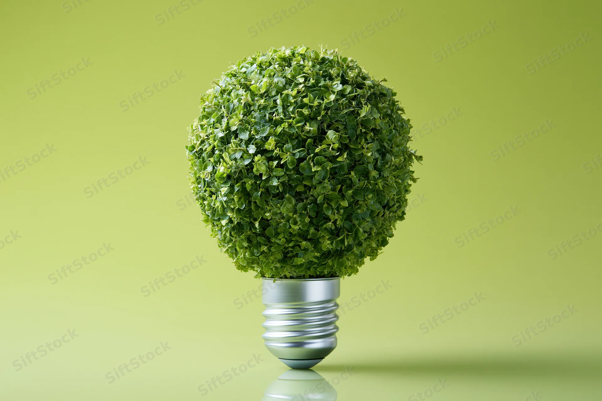 Green plant shaped like a lightbulb on a silver base against a lime background
