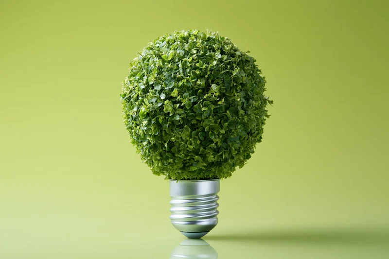 Green plant shaped like a lightbulb on a silver base against a lime background
