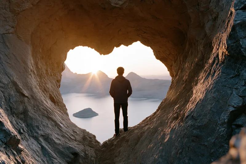Person silhouetted inside heart-shaped rock overlooking lake and mountains at sunset