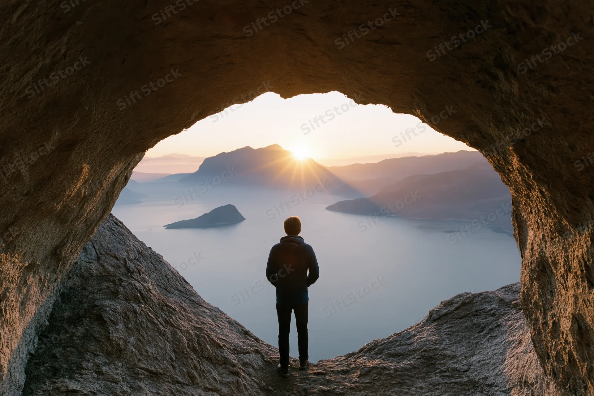 Person silhouetted inside a heart-shaped rock cave overlooking a mountainous sunset landscape