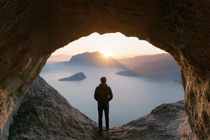Person silhouetted inside a heart-shaped rock cave overlooking a mountainous sunset landscape