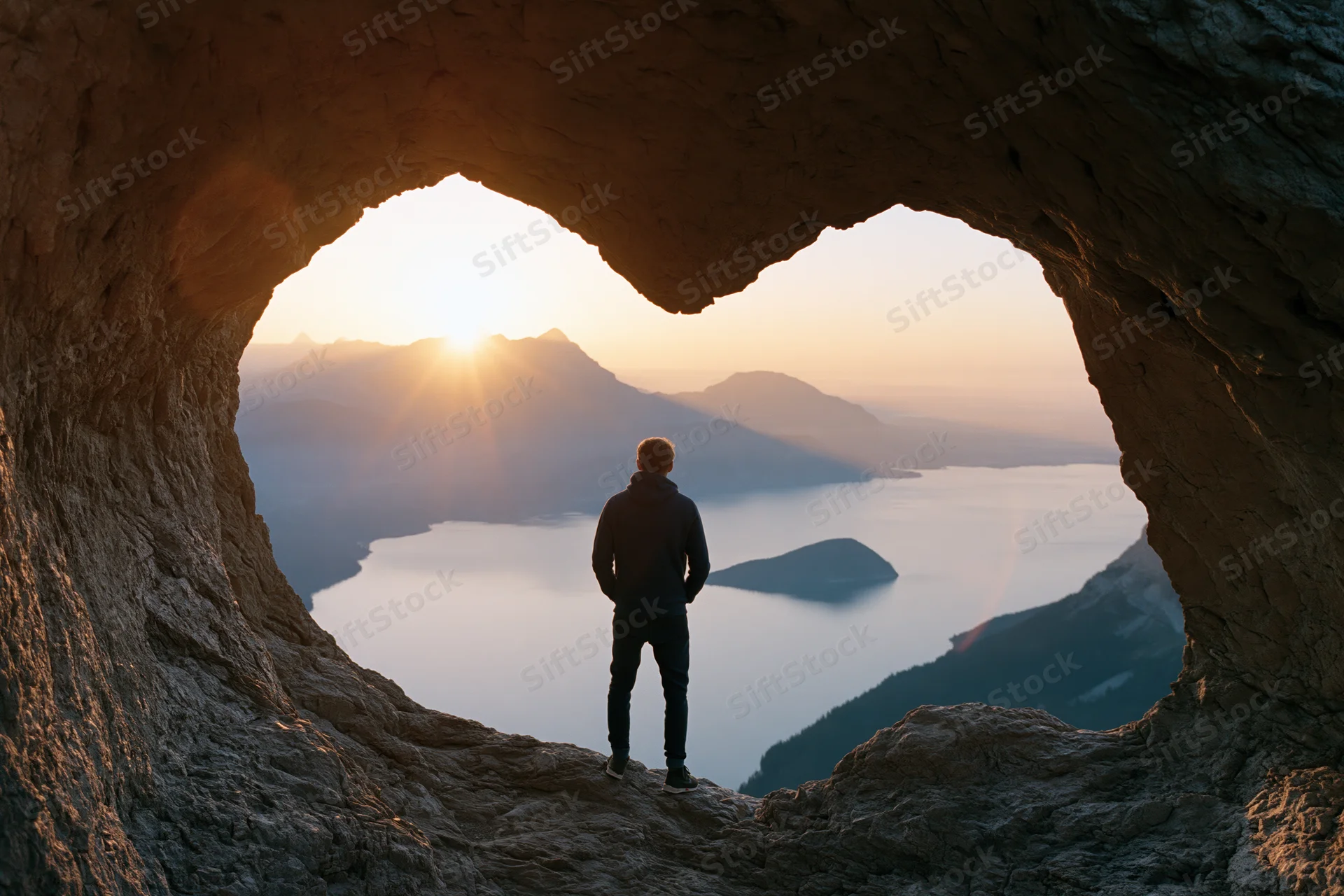 Man silhouetted inside heart-shaped rock formation overlooking mountain lake at sunset