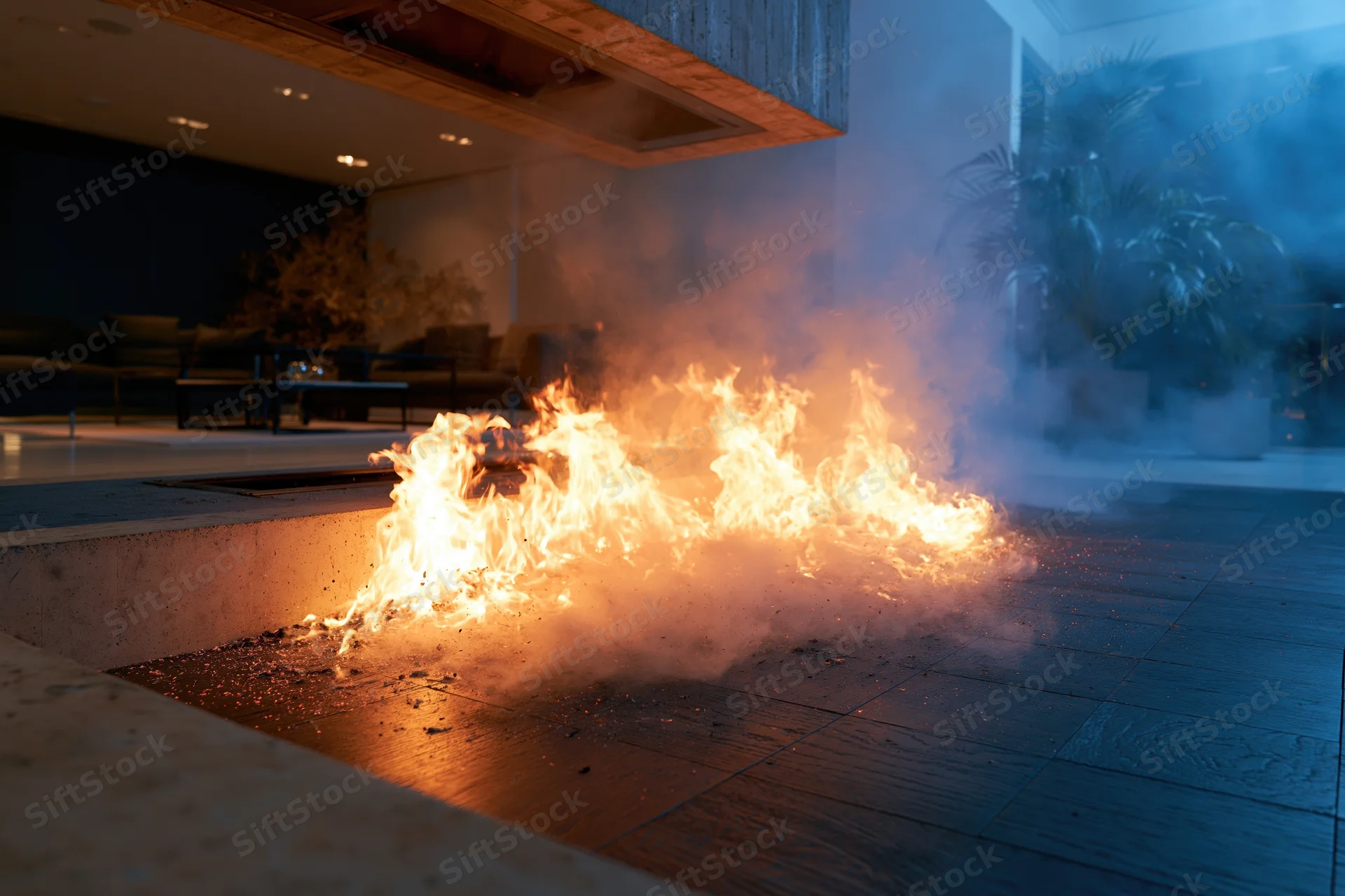 Open flames burning in a modern indoor fireplace with smoke rising in a dimly lit living room