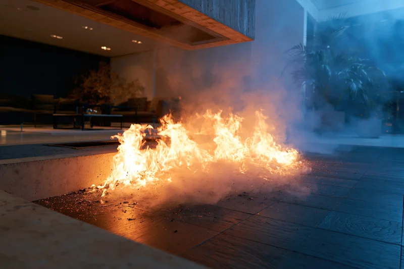 Open flames burning in a modern indoor fireplace with smoke rising in a dimly lit living room