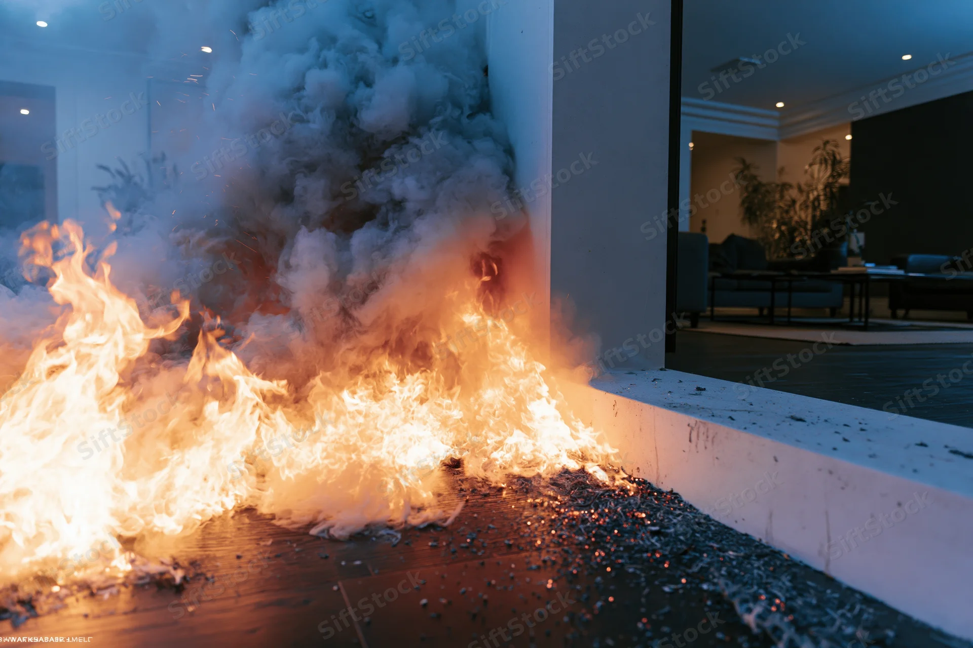 Large flames and smoke erupting from a modern living room fireplace