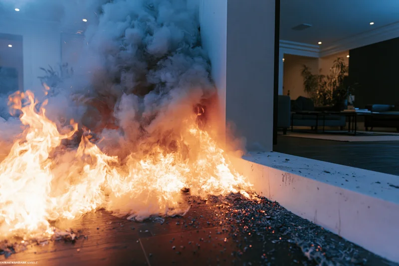 Large flames and smoke erupting from a modern living room fireplace