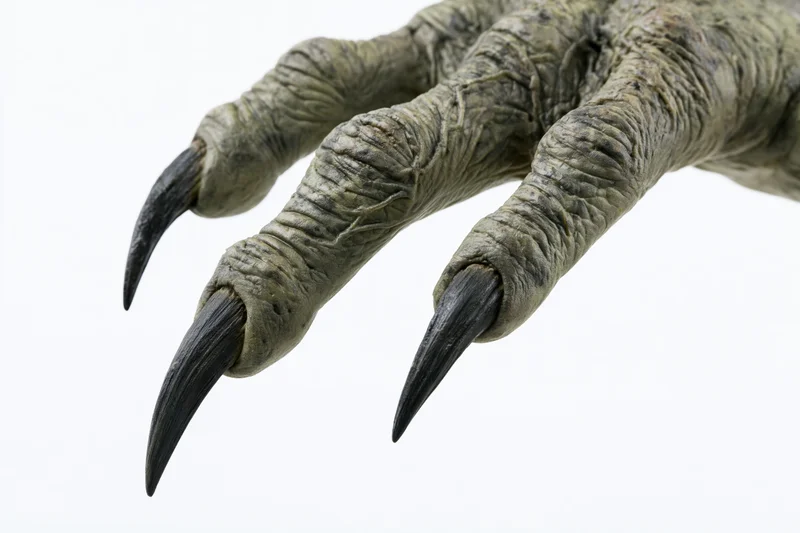 Close-up of a dinosaur claw hand with long sharp black talons isolated on white background