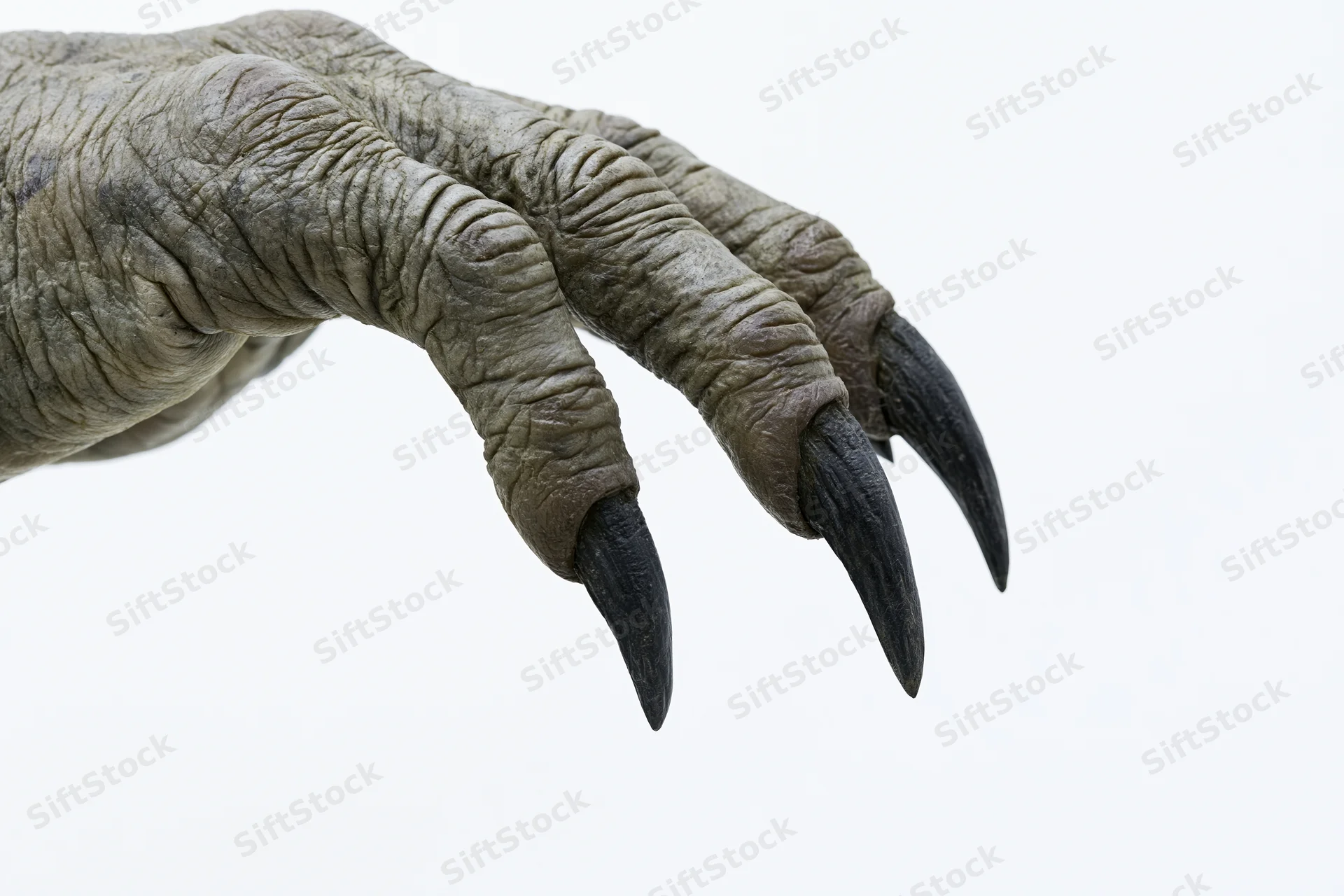 Monster claw hand with long sharp black talons isolated on white background