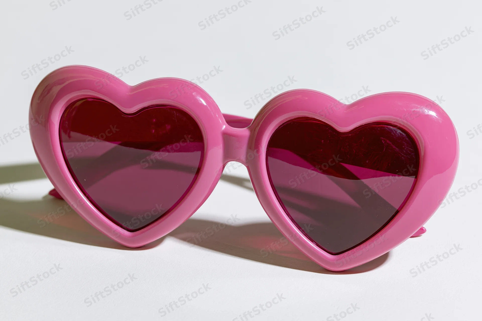 Oversized heart-shaped pink novelty sunglasses lying flat on white surface