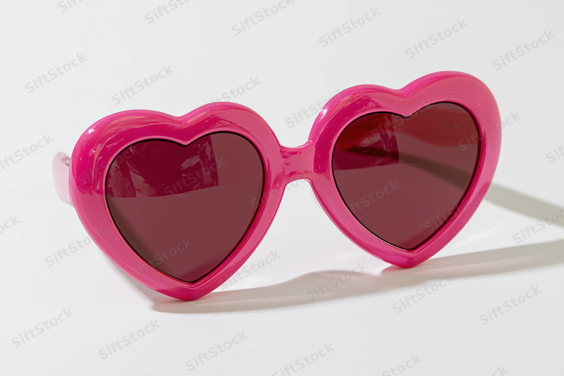 Oversized heart-shaped pink novelty sunglasses lying flat on white surface