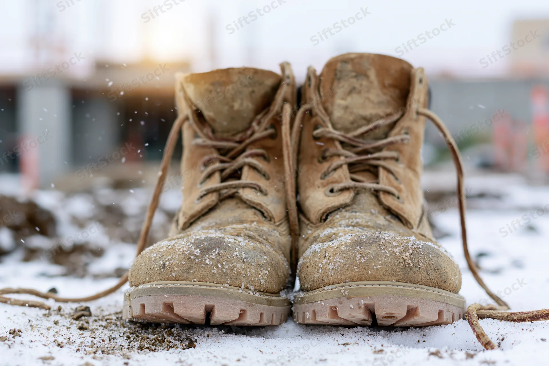 Worn tan leather work boots covered in mud and snow on a construction site ground