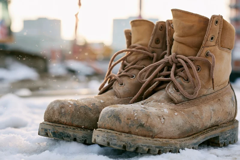 Worn tan leather work boots covered in mud resting on snow in an urban setting