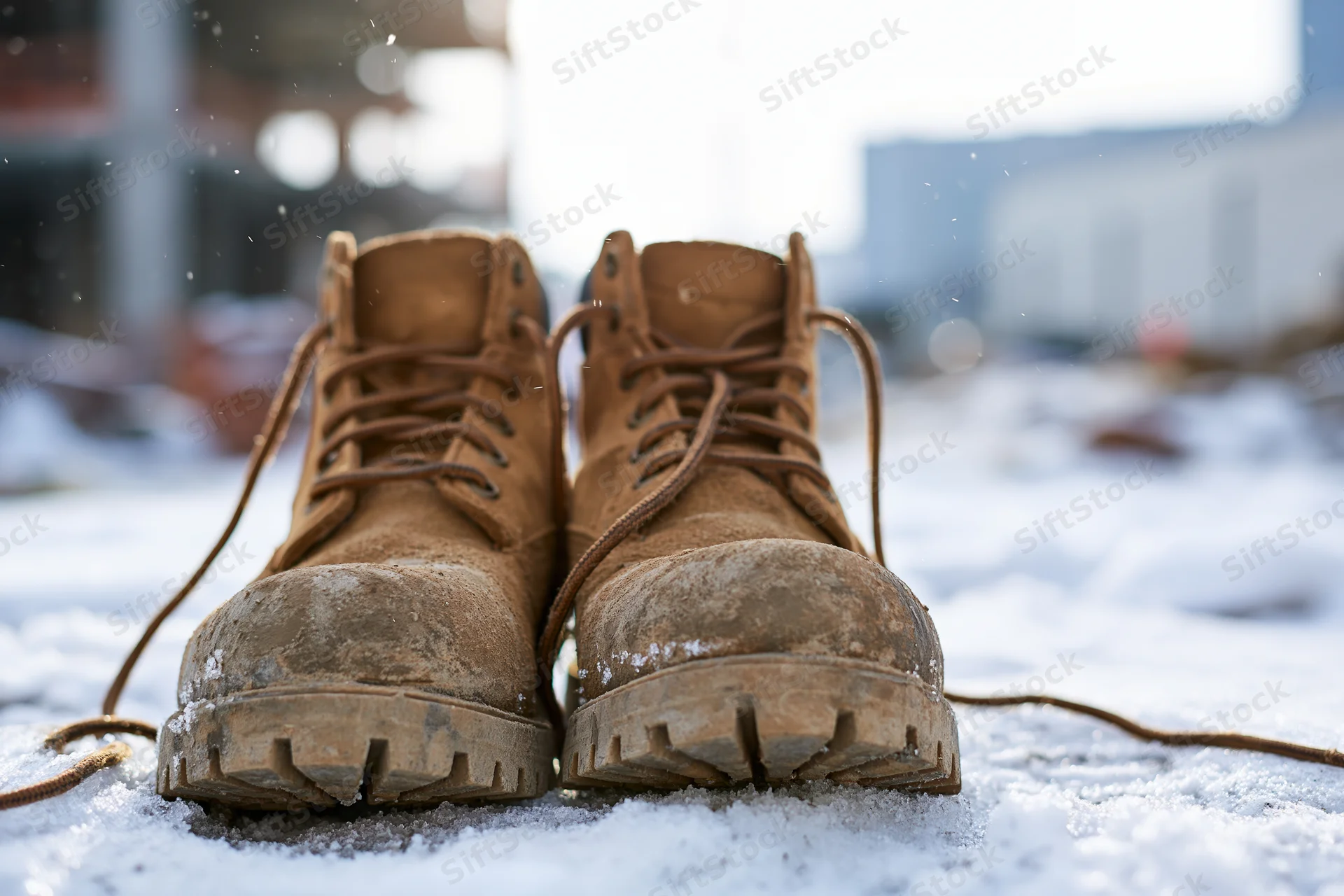 Muddy tan leather work boots resting on snowy ground at construction site