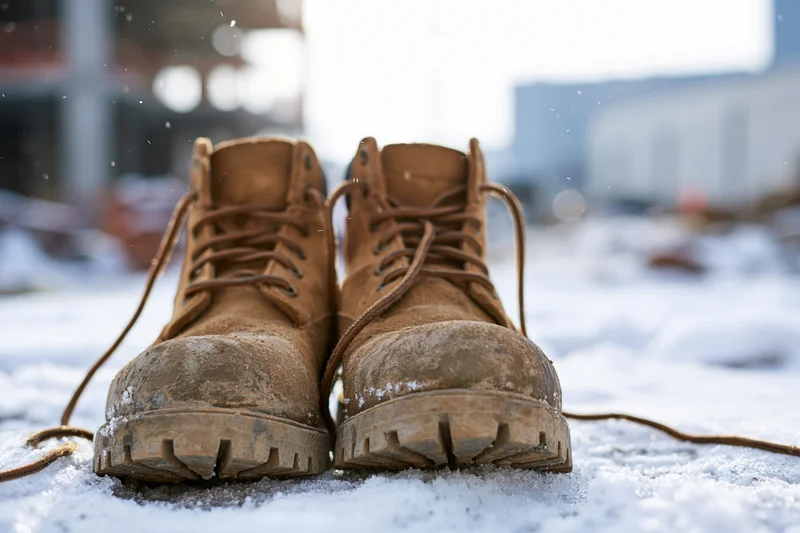Muddy tan leather work boots resting on snowy ground at construction site