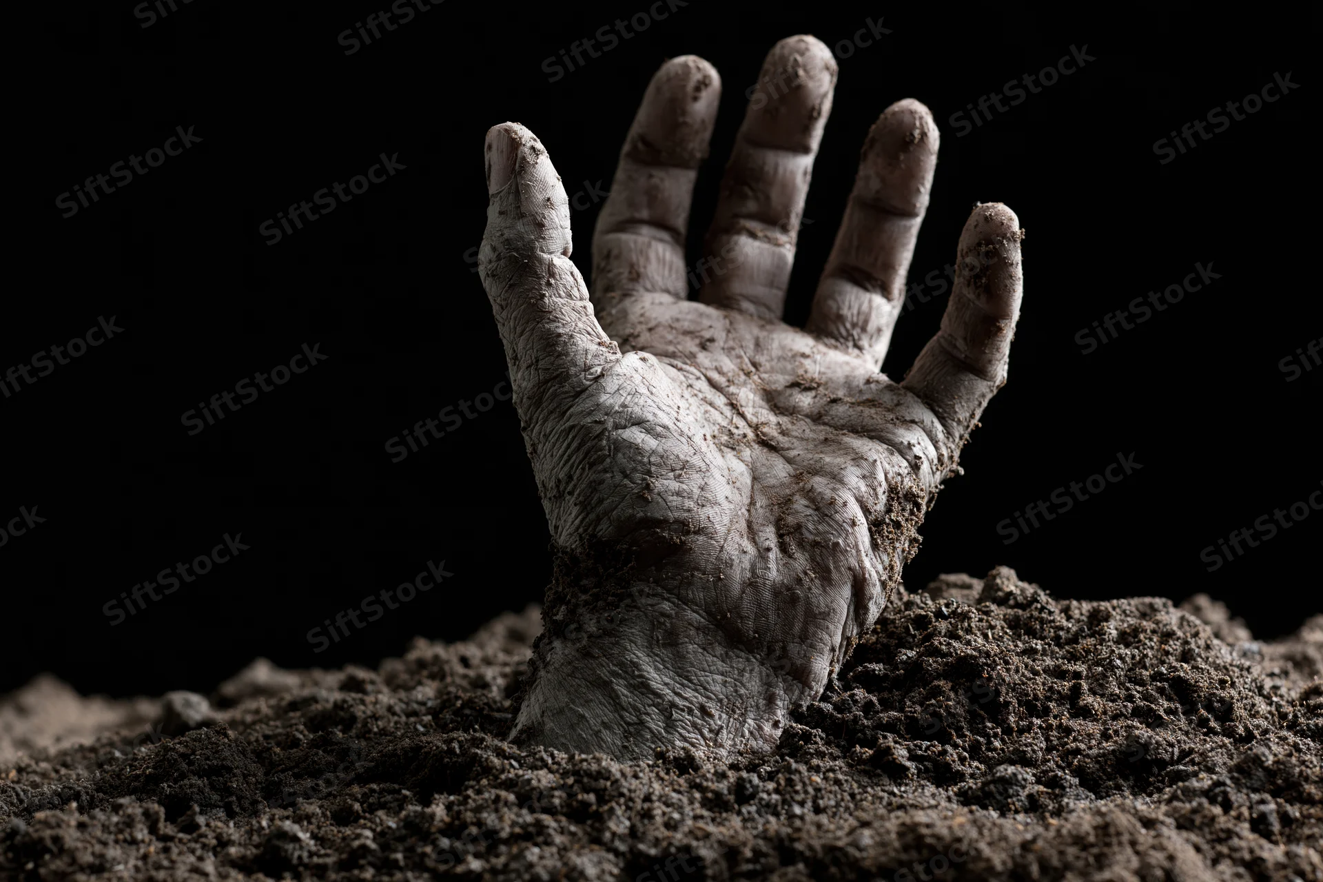 Decayed hand emerging from soil with fingers splayed against dark background