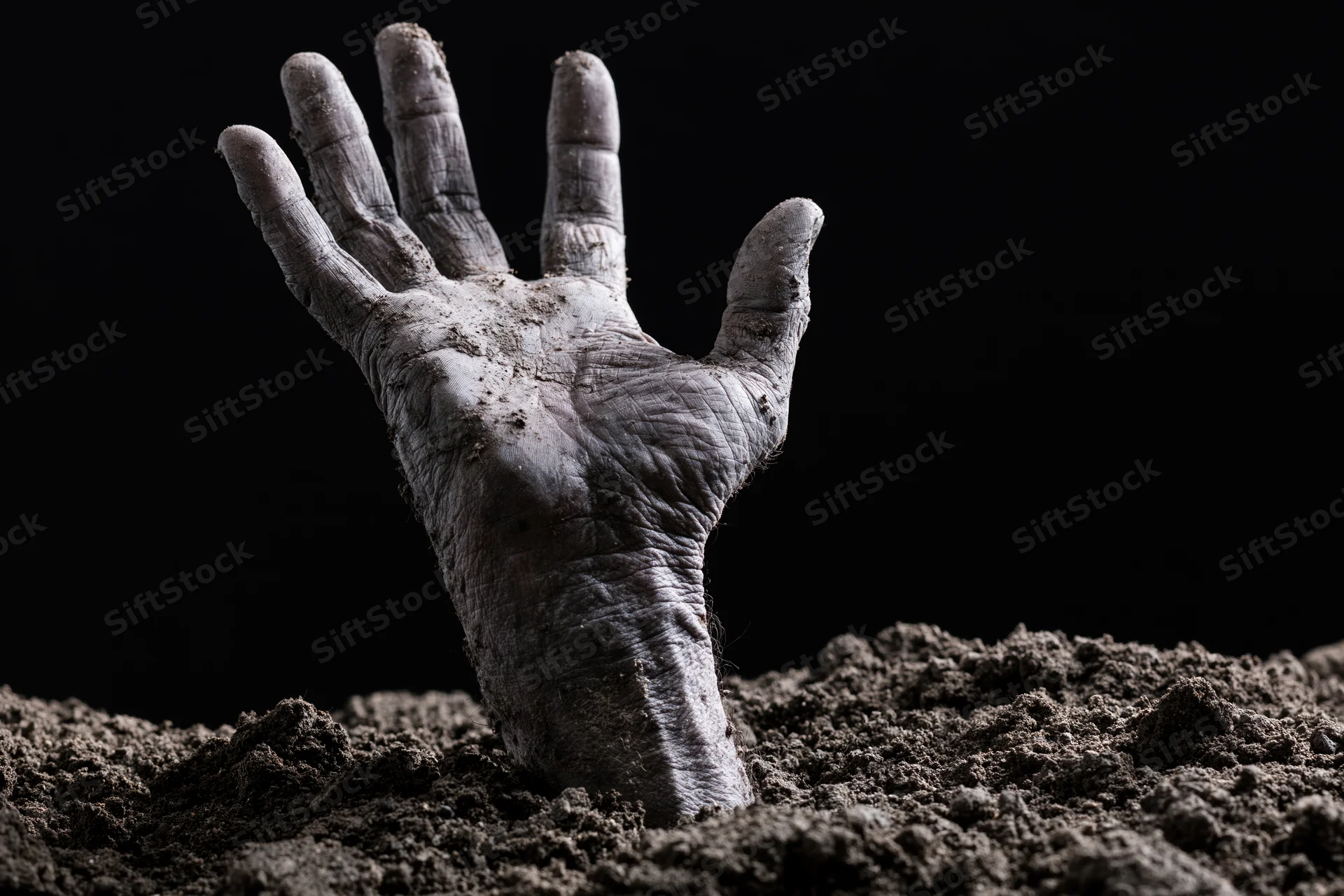 Decayed pale hand reaching upward from dark soil