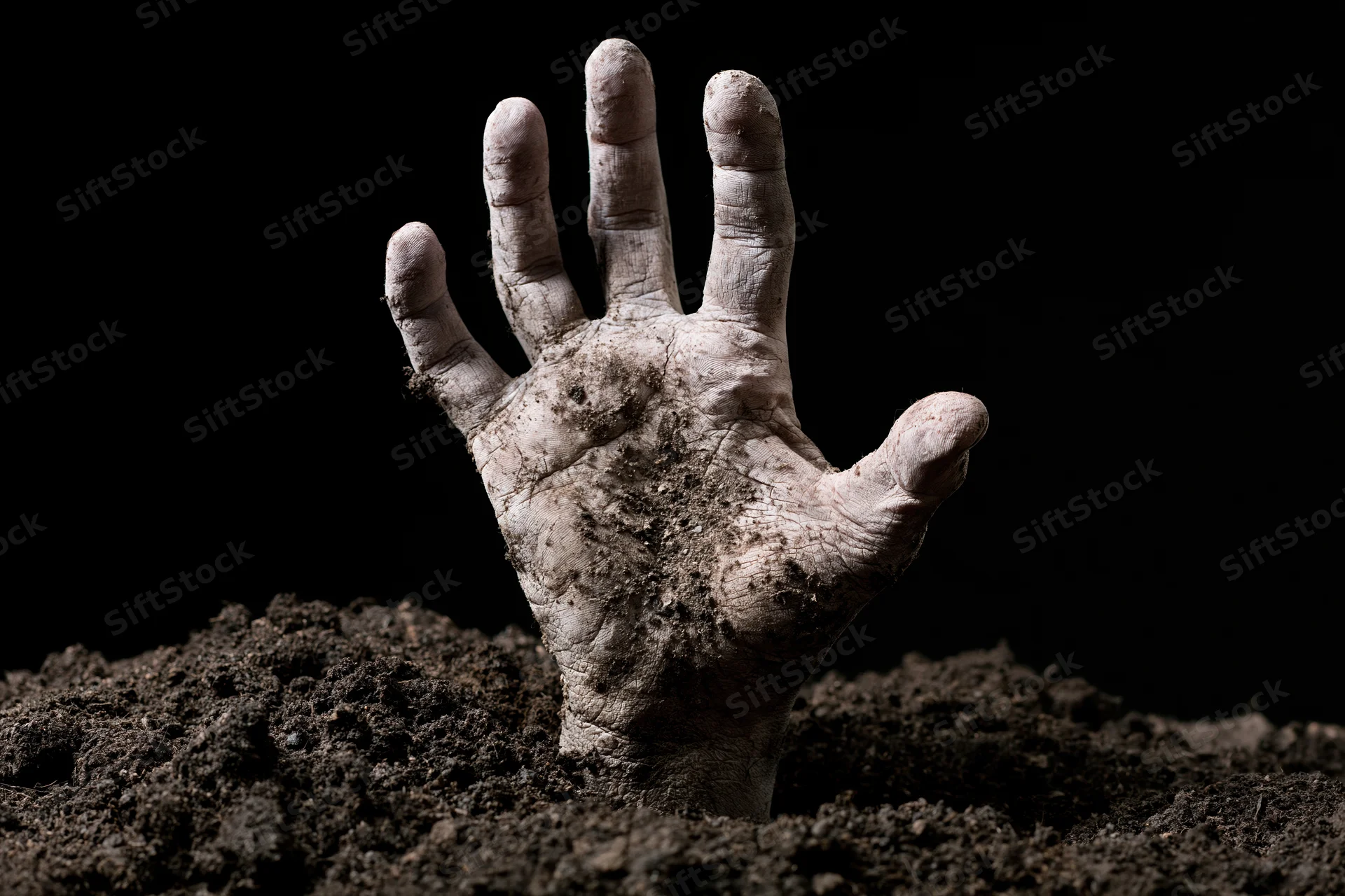 Decayed pale hand reaching up from dark soil against black background