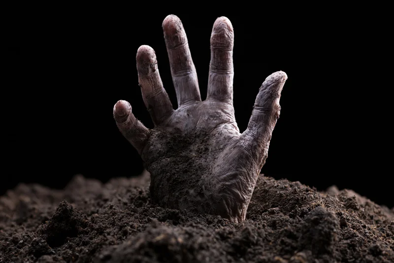 Decayed hand emerging from soil against black background