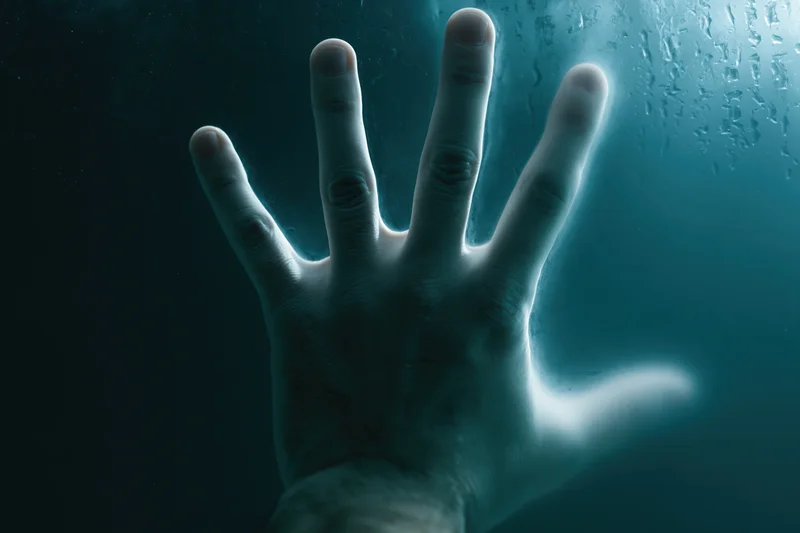 Pale hand pressed against wet glass underwater, fingers spread, light filtering through water