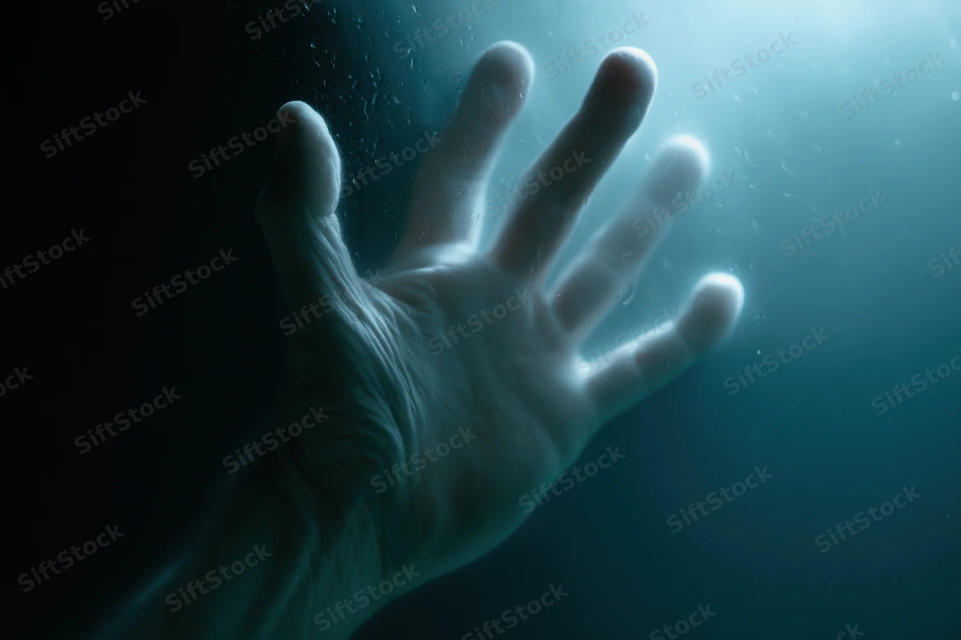 Pale hand pressed against wet glass underwater in dim blue light