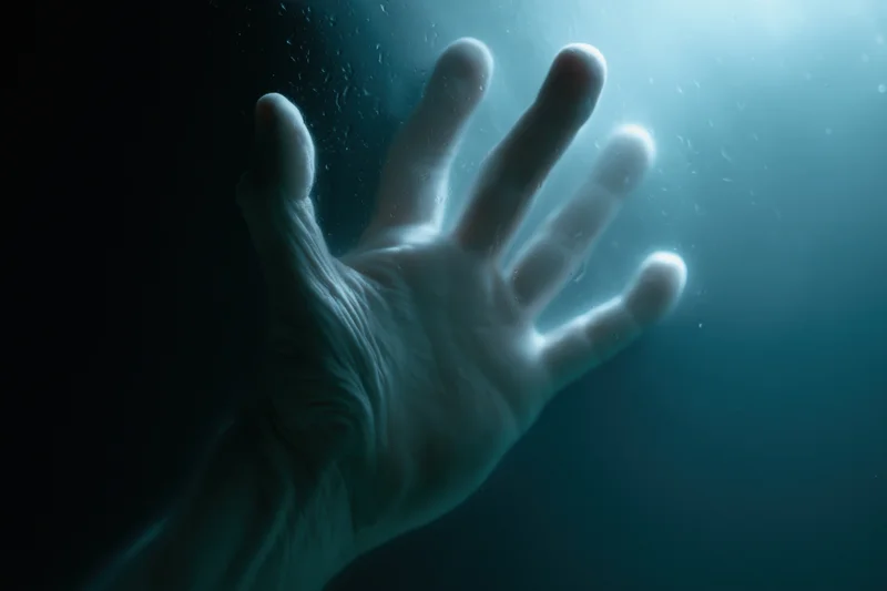 Pale hand pressed against wet glass underwater in dim blue light