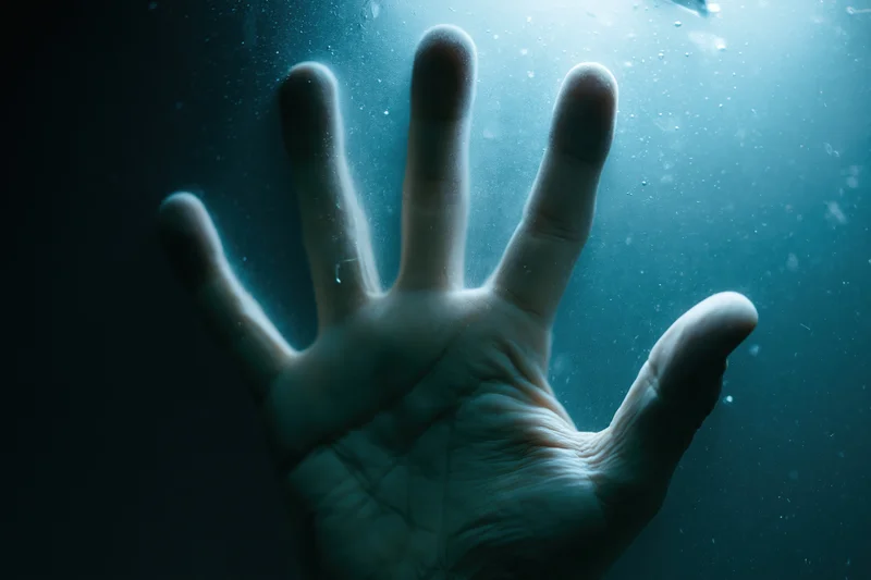 Pale hand pressed against wet glass underwater with light filtering through water
