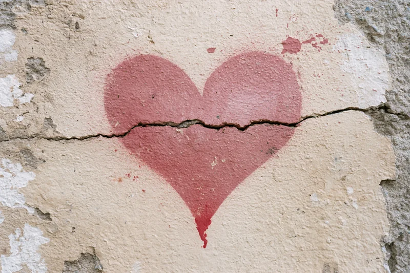 Broken red heart painted on cracked plaster wall