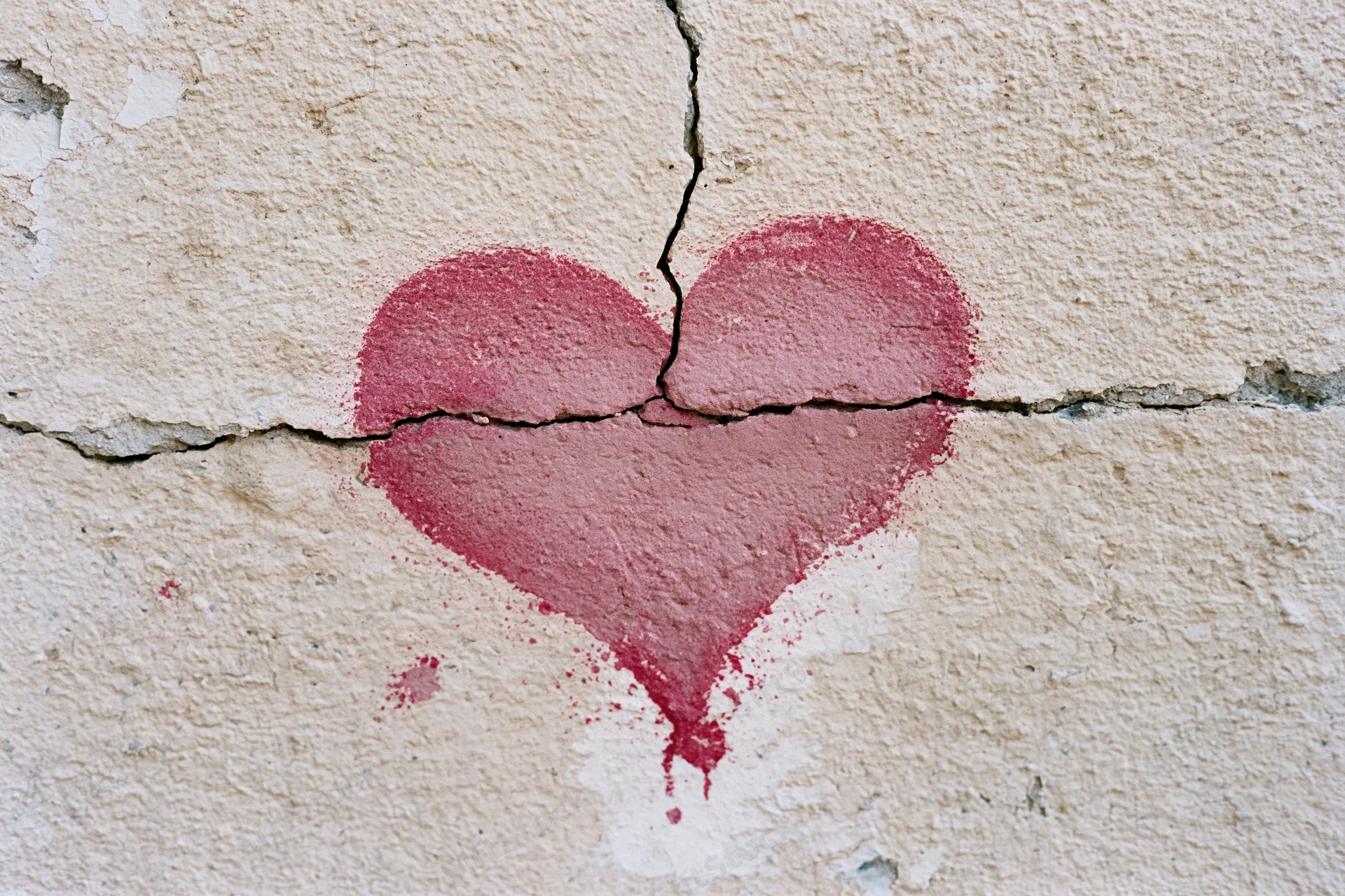 Red heart stencil painted on cracked plaster wall