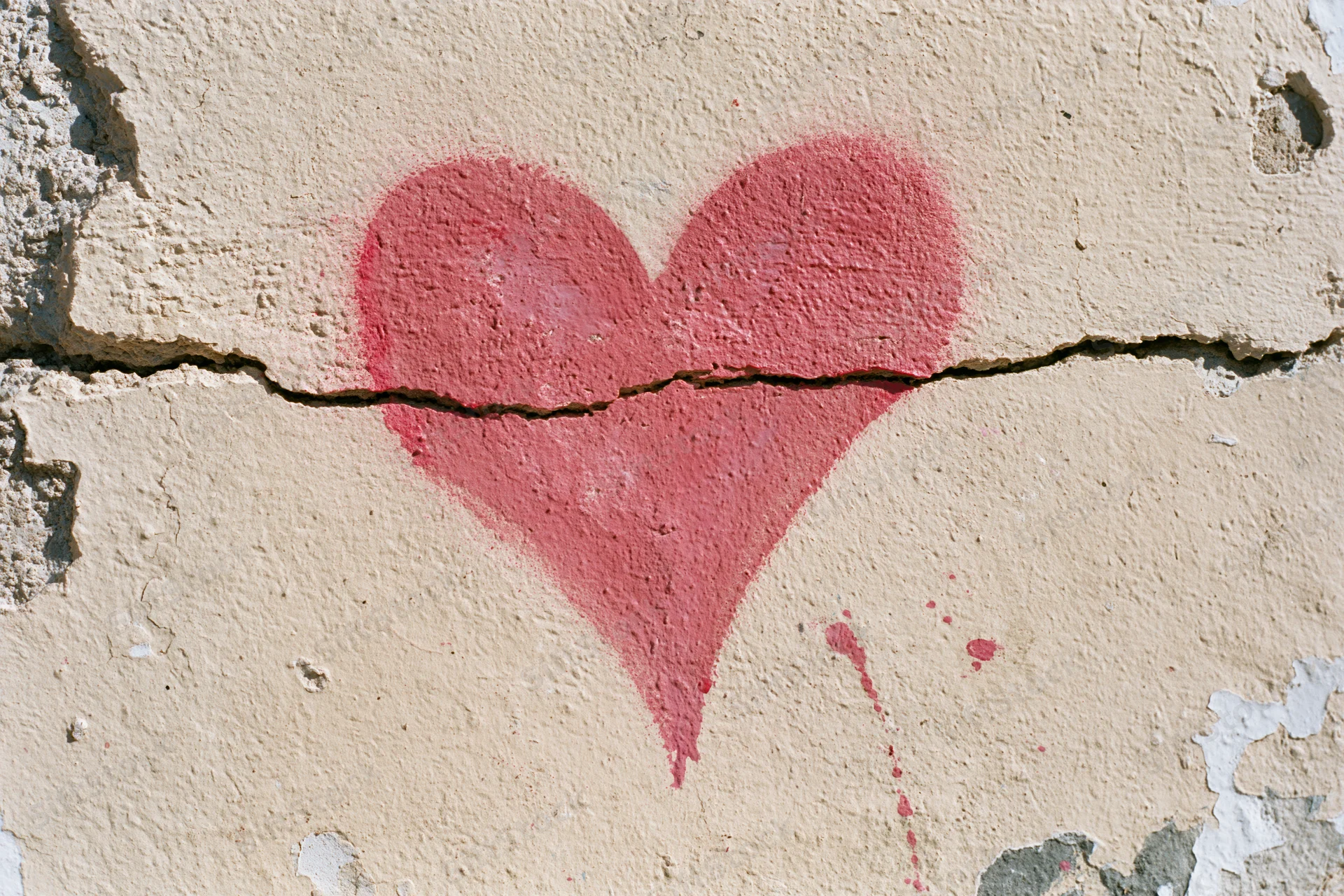 Red spray-painted heart stencil on cracked plaster wall with peeling paint and cracks running through it