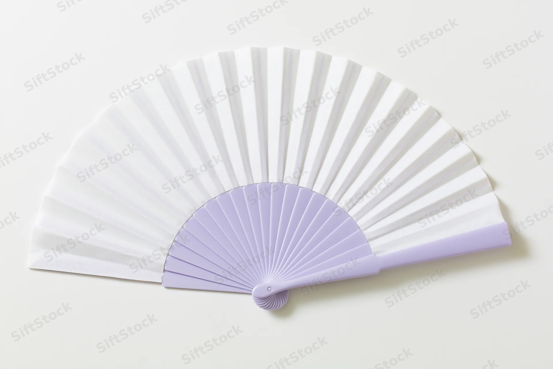 Open folding hand fan with white paper and lavender plastic frame lying flat on white background