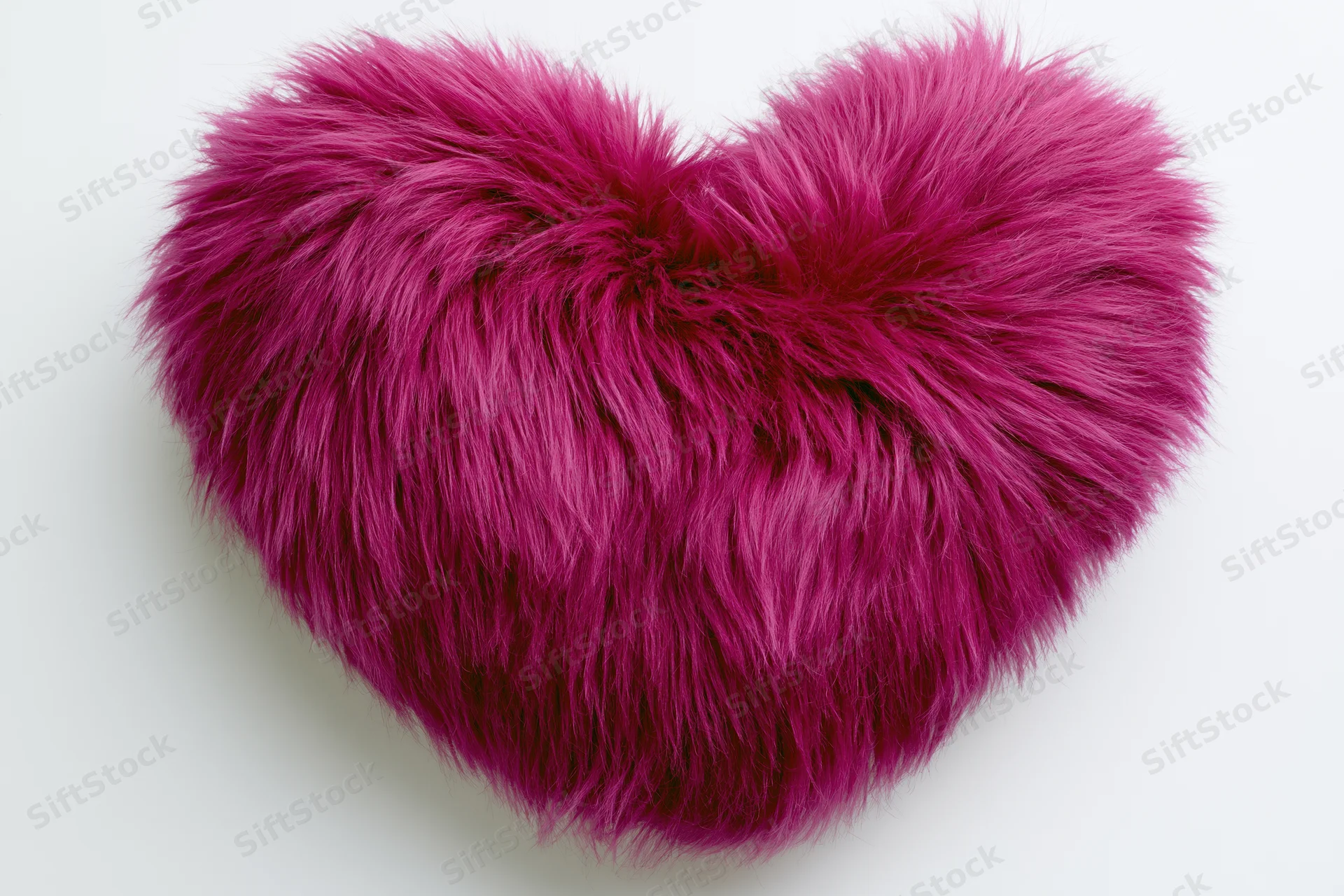 Heart-shaped plush pillow covered in hot pink faux fur on white background