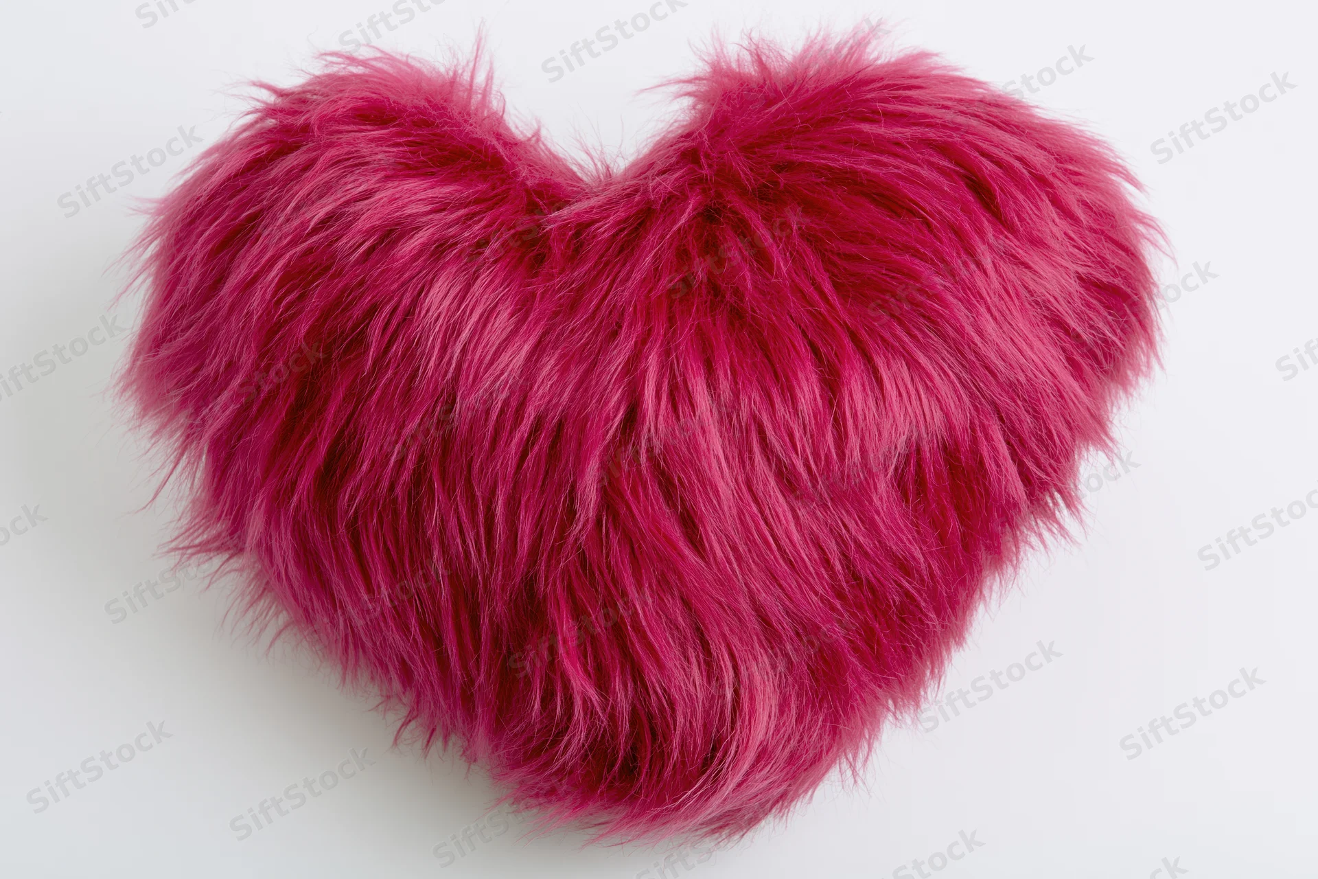 Plush heart-shaped pillow covered in hot pink faux fur on white background