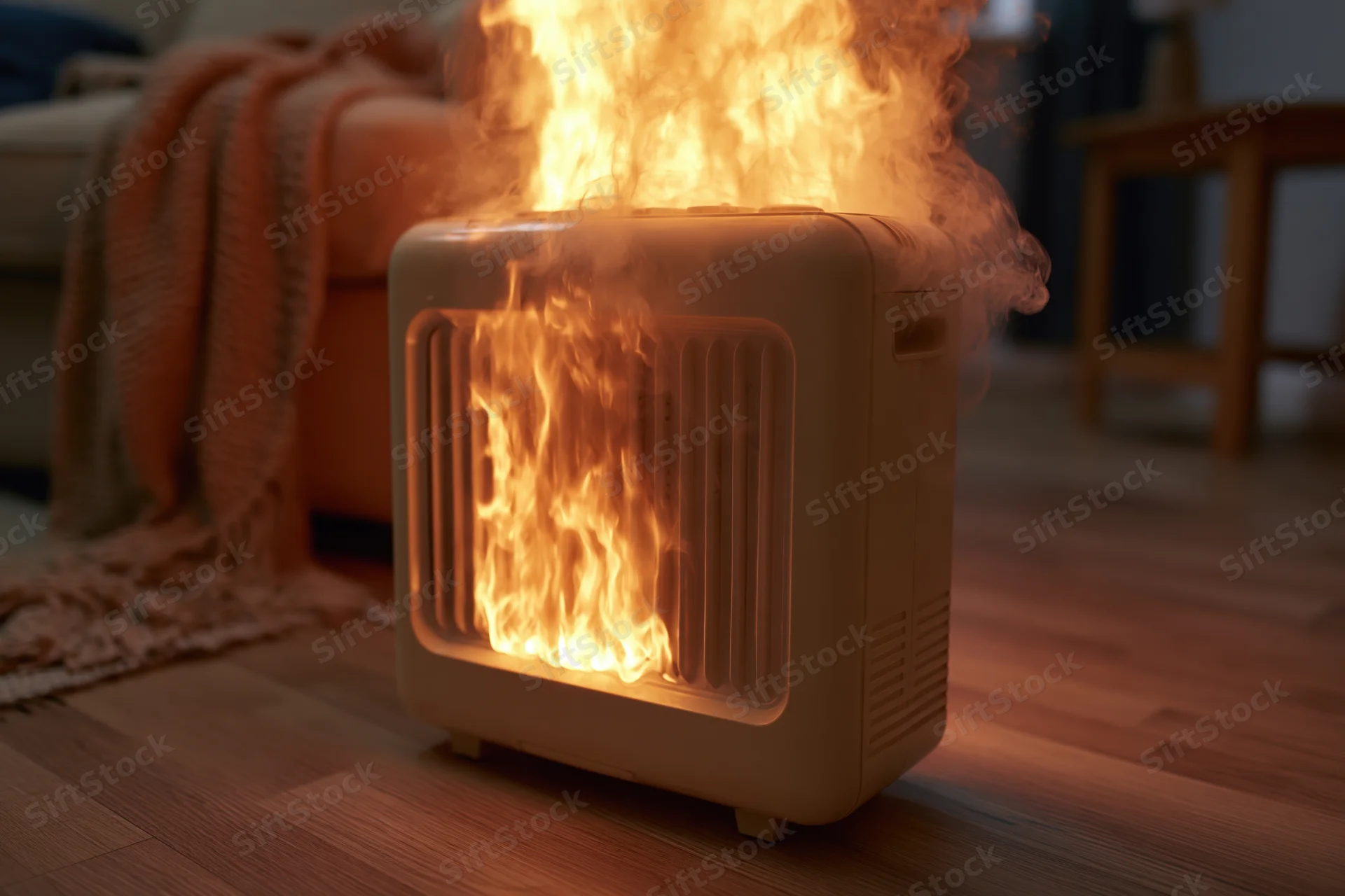Portable electric heater engulfed in flames on wood floor in living room