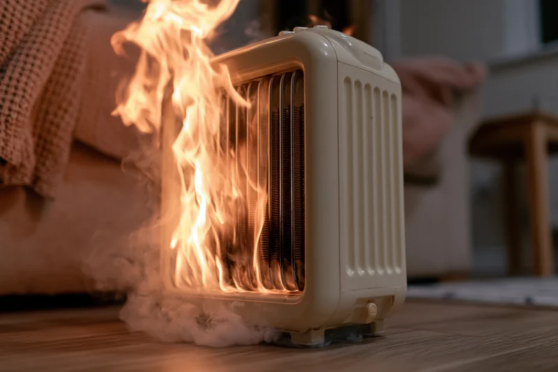 Portable electric oil-filled radiator heater engulfed in flames on wooden floor near couch