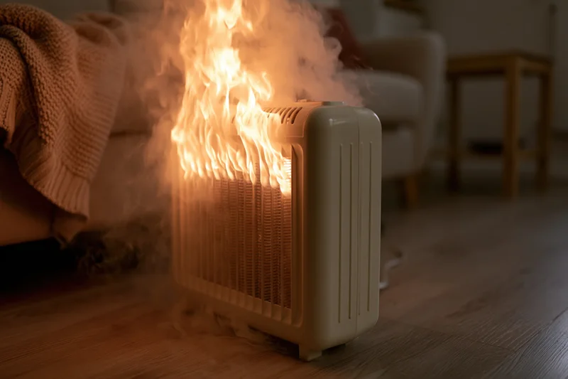 Portable electric oil-filled radiator heater engulfed in flames on wooden floor in living room
