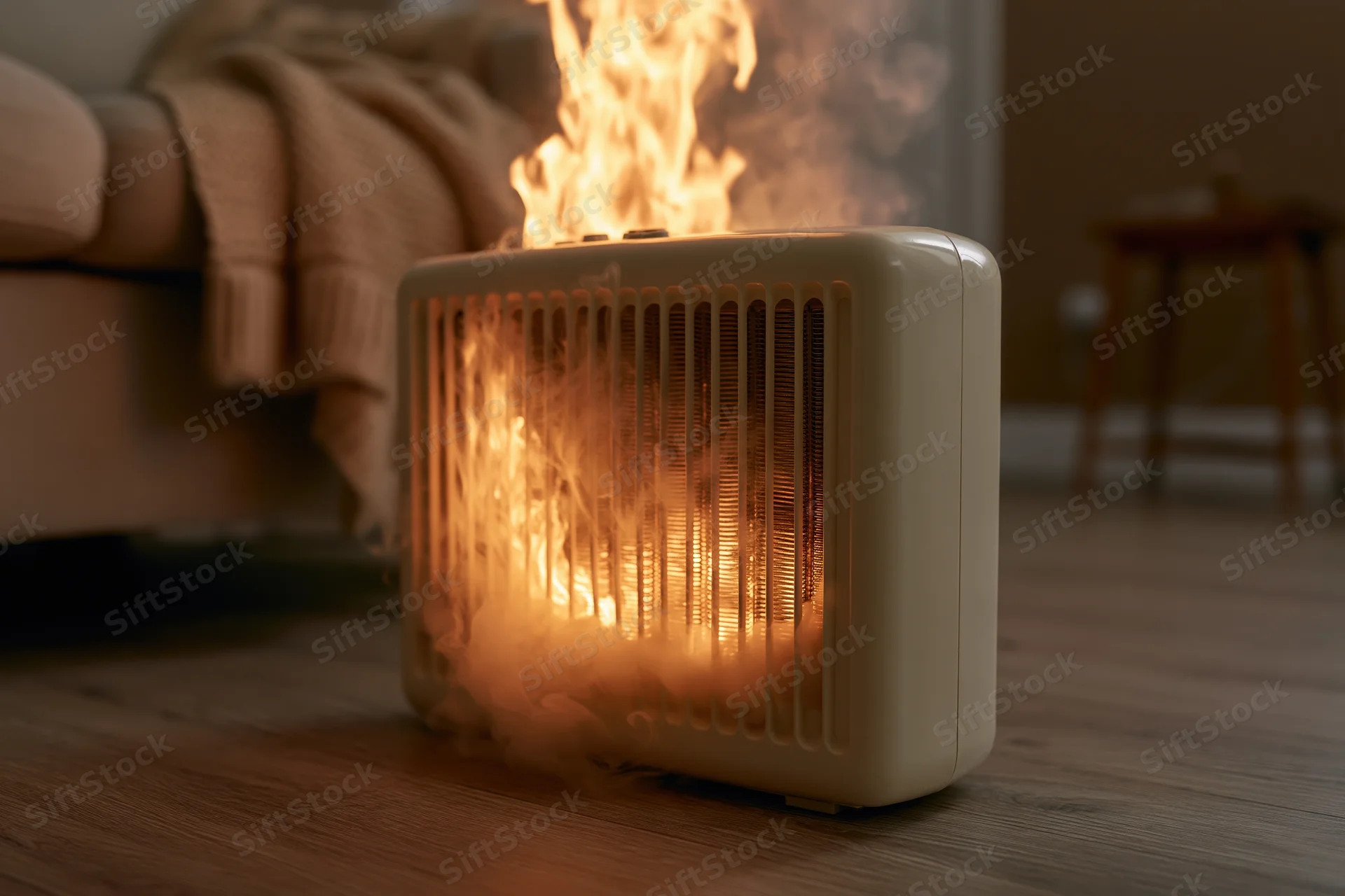 Portable electric oil-filled radiator heater engulfed in flames on wooden floor in living room