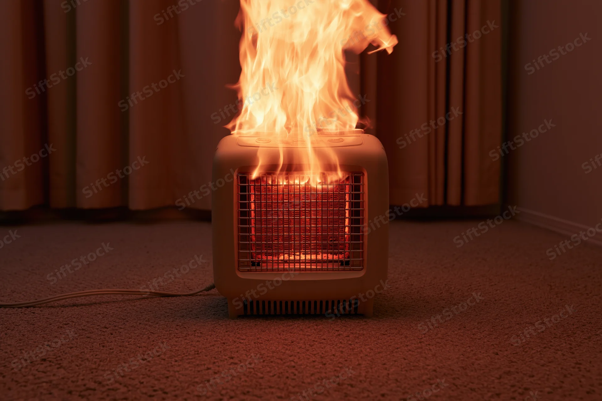 Portable electric space heater engulfed in flames on carpeted floor near curtains