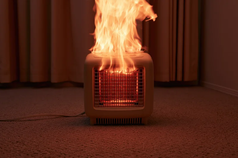 Portable electric space heater engulfed in flames on carpeted floor near curtains