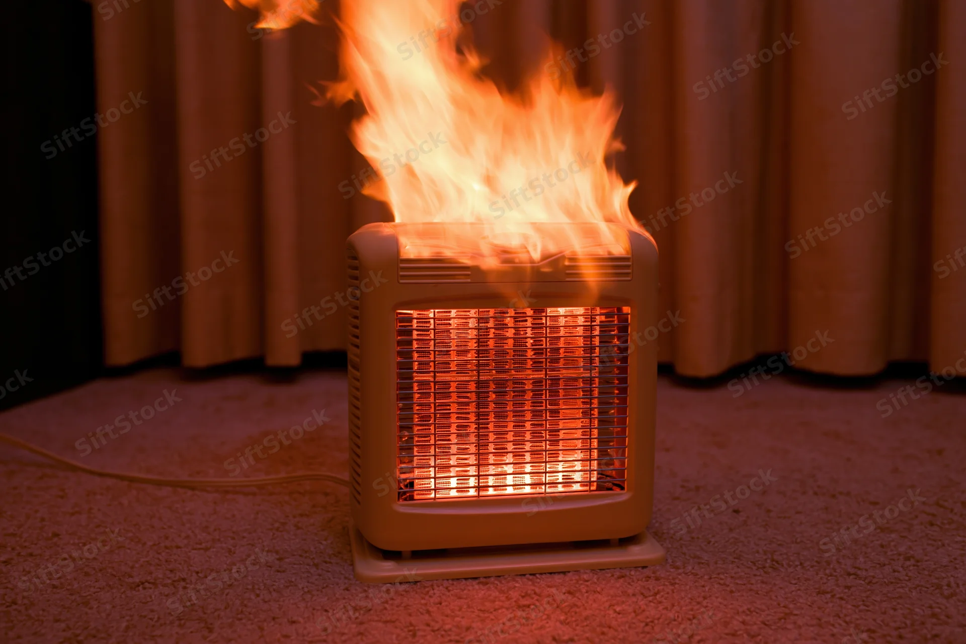 Portable electric space heater engulfed in flames on carpeted floor near curtains